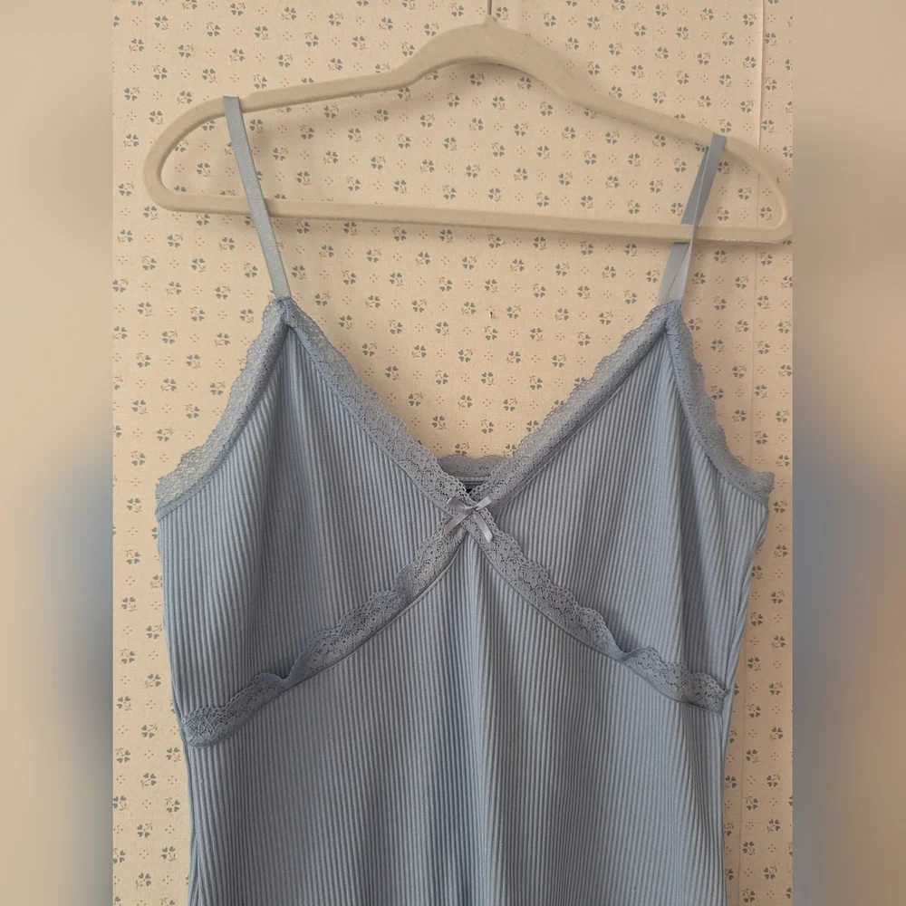 Divided H&M L Slip Dress Blue Ribbed Lace Night Out Date Layer Feminine Sexy